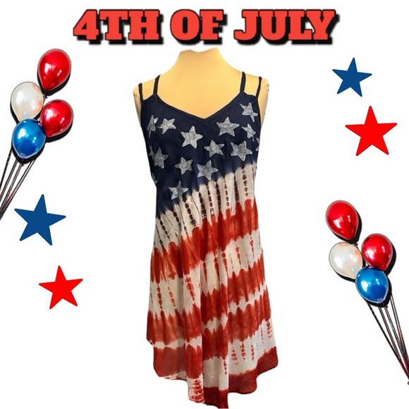 Tie Dye Flag Print Patriotic Dress or Swimsuit Cover-Up semi sheer 4th of July - Picture 9 of 9